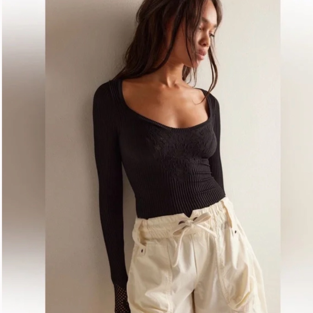 Free People Dynamic Duo Long Sleeve Ribbed Scoop Neck Top Black XS/S - Picture 2 of 13